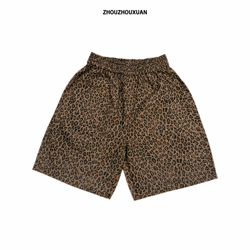 【Sparkling Rhinestone Leopard Print Shorts, Summer Thin Style, Slimming Casual Knee-Length Shorts with Elastic Waist, Unisex】