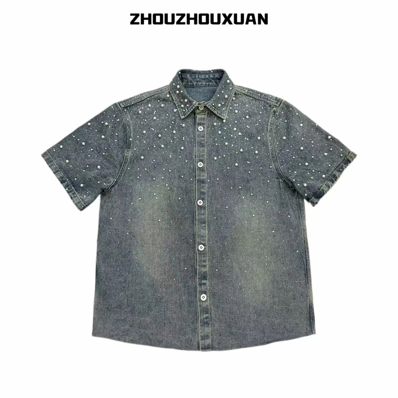 [Original Rhinestone Pearl Shirt] Washed and Distressed Denim Short-Sleeve Shirt, Half-Sleeve Jacket, Unisex Fashion