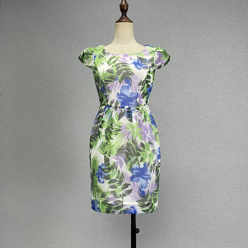 Branded Discount Short-Sleeve Dress for Women, Chanel-Style Mesh Print Puff Sleeves, Fresh and Simple Bodycon Midi Dress