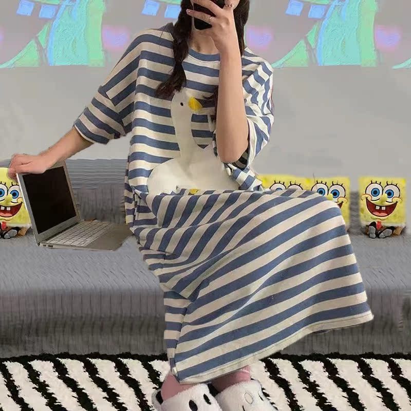 2025 New Summer Nightgown for Women, Short-Sleeved, Thin, Pure Cotton Pajamas, Big White Goose Cartoon Mid-Length Dress