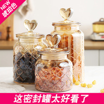 Love glass bottle sealed jar Amber with lid kitchen food grade dry candy storage jar large