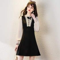 Hyuna wind royal sister temperament Lace edge stand-up collar stitching dress 2021 spring new long-sleeved A word thin