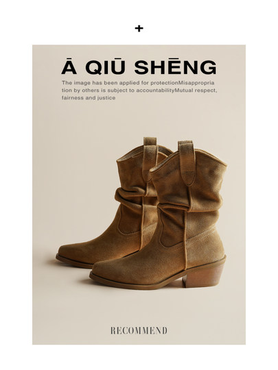 牛皮~赵露思褶皱真皮马丁靴粗跟短靴尖头高跟西部靴子显瘦堆堆靴