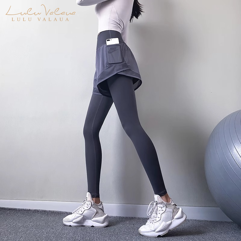 Iuiu Yogo High-Waisted Fake Two-Piece Fitness Pants for Women, Running Yoga Pants, Elastic Tight-Fitting Quick-Drying Sports Pants