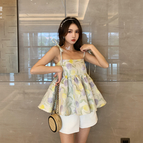 Design sense niche hot girl bow knot vest short foreign-aged lace-up floral doll shirt top female