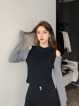 Liu Sansan three knitwear autumn new female strapless long sleeve stitching slim temperament knitted top female base shirt