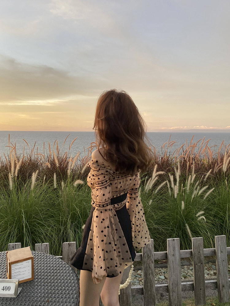 Willow Triple flocking web yarn Poot point blouses woman Fashion foreign Trumpeter Sleeves Lined with Shoulder Lotus Leaf sidelined with super-fairy