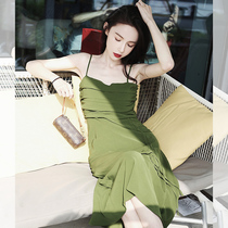 Liu Sansan three summer long avocado green little fairy dress a-shaped waist drawstring sling dress women