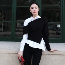 Liu Sansan 2021 autumn and winter irregular stand collar long sleeve slim fashion suit female foreign style black and white contrast two-piece set