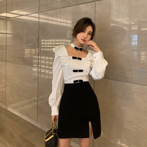 Square collar ruffled white shirt Womens Spring New style design sense niche short bubble sleeve slim top