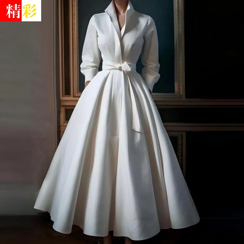 French-Style Light Wedding Dress for Brides, Vintage Simple Forest-Style Stand-Up Collar Long Elegant V-Neck Evening Dress for Women