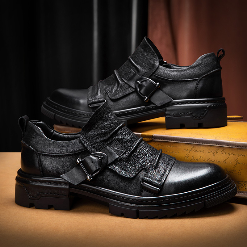 British Retro Casual Leather Shoes for Men, Genuine Leather Slip-On Loafers, Thick-Soled Chelsea Martin Boots for Men, Handmade and Breathable