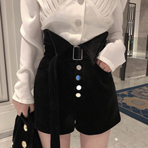 Slim slim high waist lapel gold velvet shorts belt new winter wear fashion wide leg loose pants tide