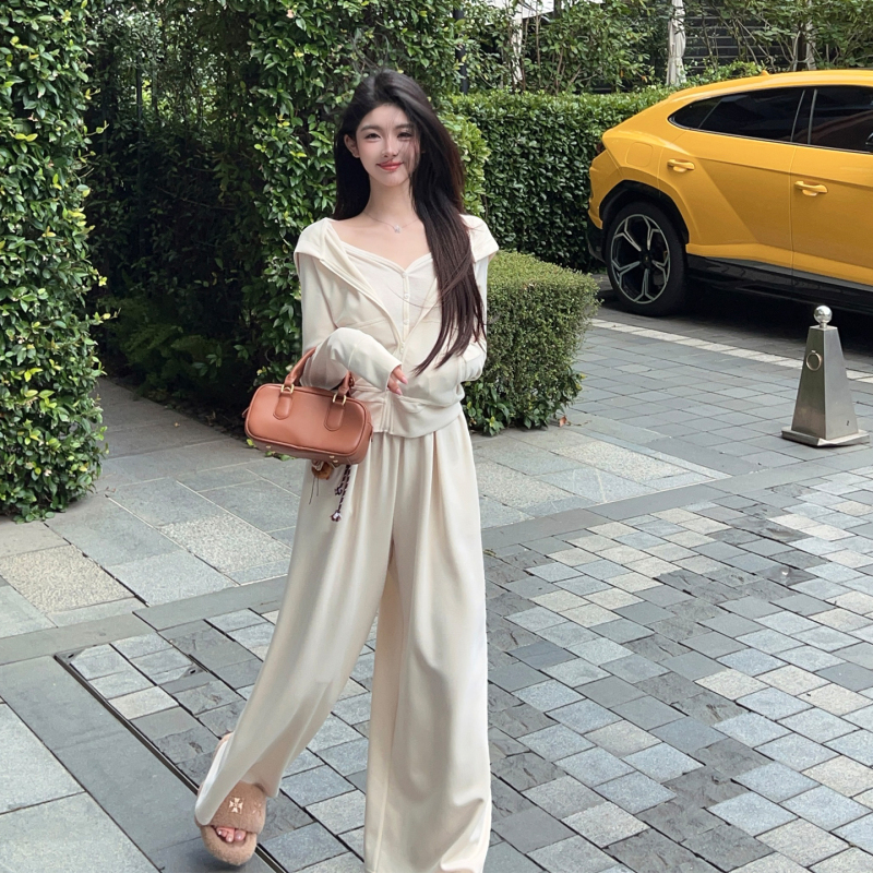 Fairyjiang Autumn White Fake Two-Piece Hooded Zipper Sweatshirt Jacket Two-Piece Set Women's High-Waisted Wide-Leg Pants