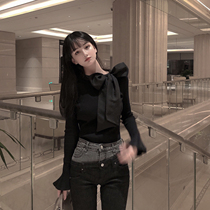 Black sweater womens 2021 new autumn and winter slim body slim bow strap sweater can be worn inside and outside