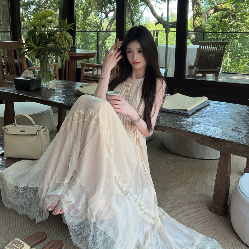 Fairyjiang Summer Pink Lace Halter Neck Sleeveless Dress with Large Skirt and Sleeveless Vest Long Dress