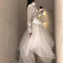 2021 new spring and summer heavy industry white gauze dress womens long a-shaped skirt small irregular mesh dress