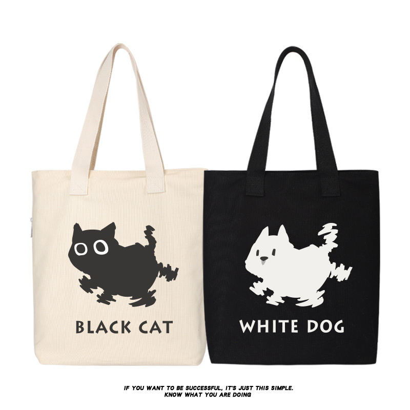 Psychedelic Black Cat and White Dog Canvas Bag Japanese Style Tote Bag Shopping Bag Tote Bag Large Handbag