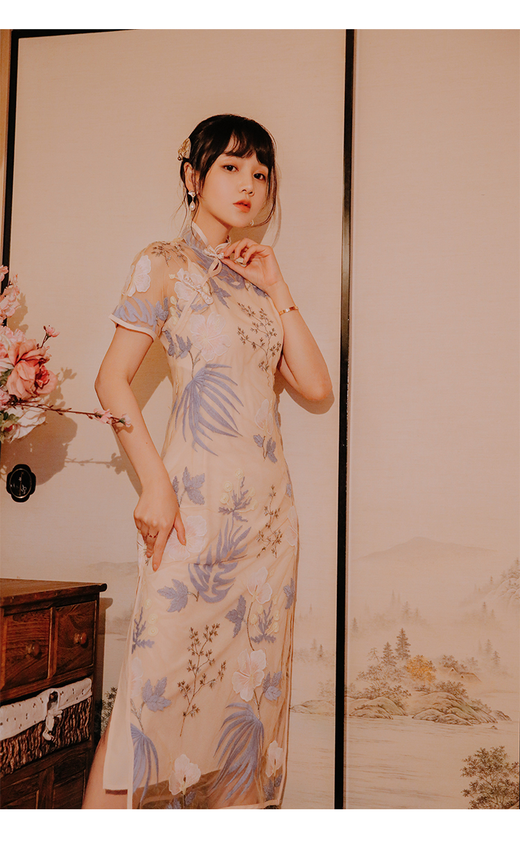 Pháp retro siêu cổ tích nhẹ nhàng retro cổ tích gợi cảm hàng ngày Cộng hòa của đất nước qua đầu gối cải tiến váy sườn xám tay áo ngắn - Sản phẩm HOT quần áo thời trang nữ
