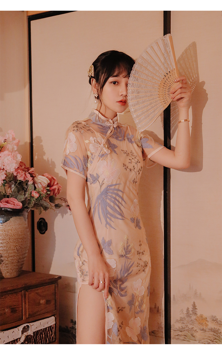 Pháp retro siêu cổ tích nhẹ nhàng retro cổ tích gợi cảm hàng ngày Cộng hòa của đất nước qua đầu gối cải tiến váy sườn xám tay áo ngắn - Sản phẩm HOT quần áo thời trang nữ
