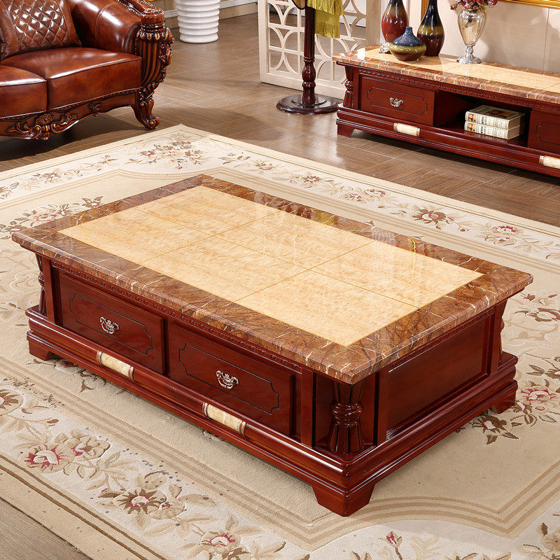 Solid wood natural marble coffee table TV cabinet European marble coffee table TV cabinet classic solid wood coffee table
