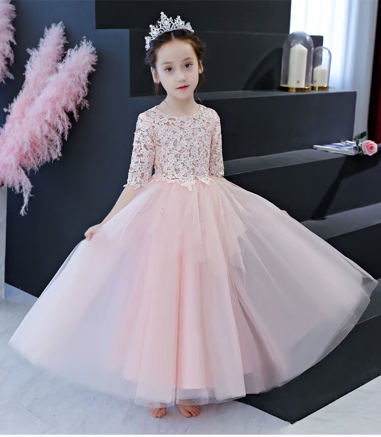 Cô gái màu hồng công chúa váy cưới hoa cô gái sinh nhật buổi tối ăn mặc trẻ em chủ nhỏ trang phục piano thời trang bé trai