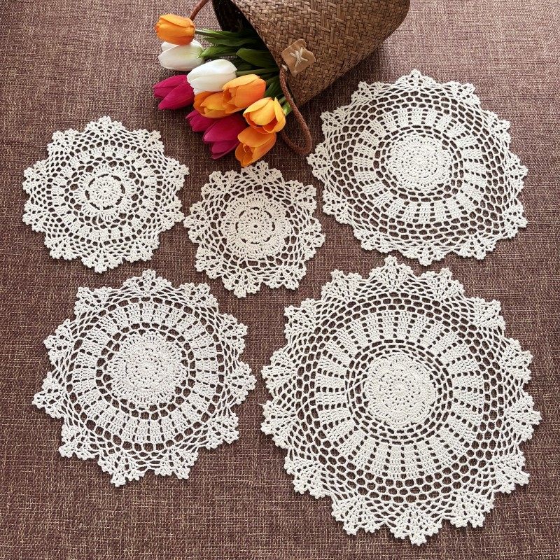 Handcraft Crochet Hook Flowers Cute Multi Lace American Countryside Nordic Dinner Plate Cup Mat Table Lamp Hooch Beige White-Taobao
