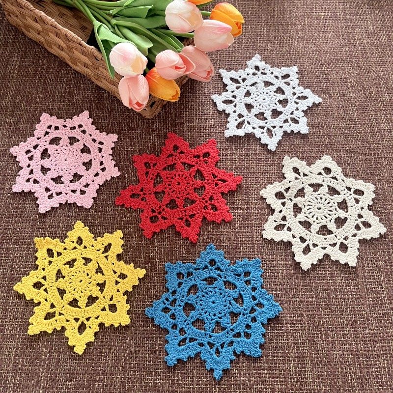 Pure handmade crochet star snow A32 about 15CM round American country coffee pad dinner plate vase pad niche wabi sabi