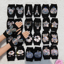 Autumn and winter wool half finger cute cartoon net red wool flash control girl with open finger with drill warm knitted gloves female