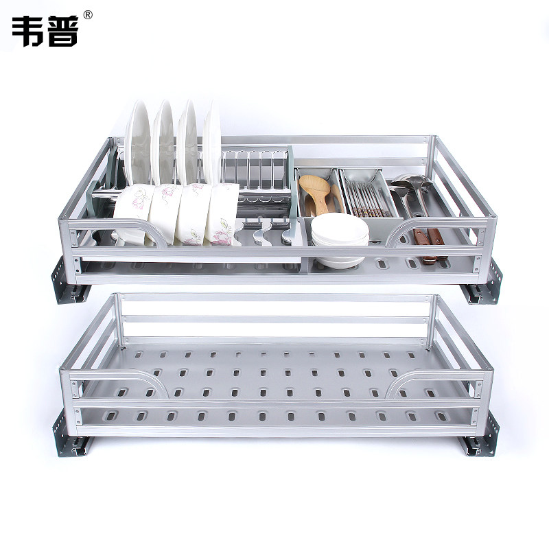 Kitchen space aluminum alloy square tube pull basket Overall cabinet double damping track bowl rack Seasoning pull basket Dish pull basket