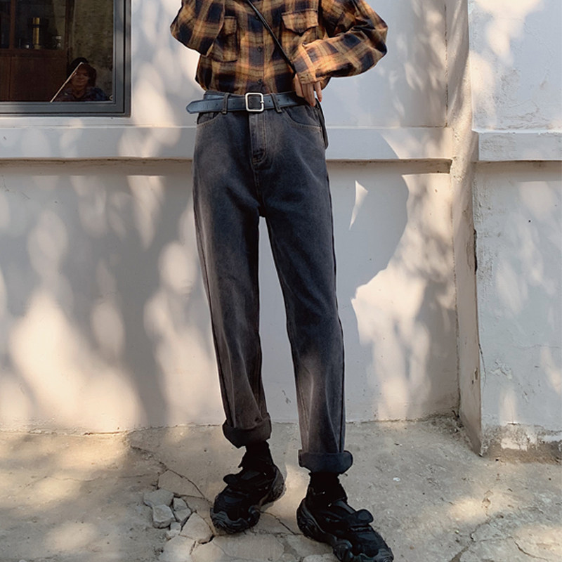 High Waist Harren Jeans Woman 2021 Autumn Winter Large size Size Fat Sister Straight Cylinder Loose THIN SMOKE PIPE PANTS