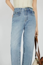 Pearl Buttoned Jeans Solid Removable Trim Washed High Waisted Blue Straight Drum Pants