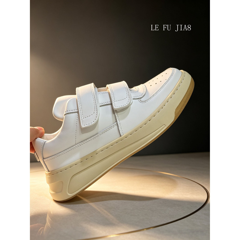 Mai Sichen's Same Style Smiley Velcro White Sneakers for Women, Genuine Leather, 2024 New Thick-Soled Height-Increasing Casual Sports Sneakers