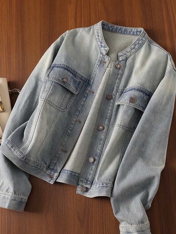 Highly Recommended! American Retro Light-Colored Round-Neck Denim Jacket for Women, Spring and Autumn Casual Versatile Short Jacket