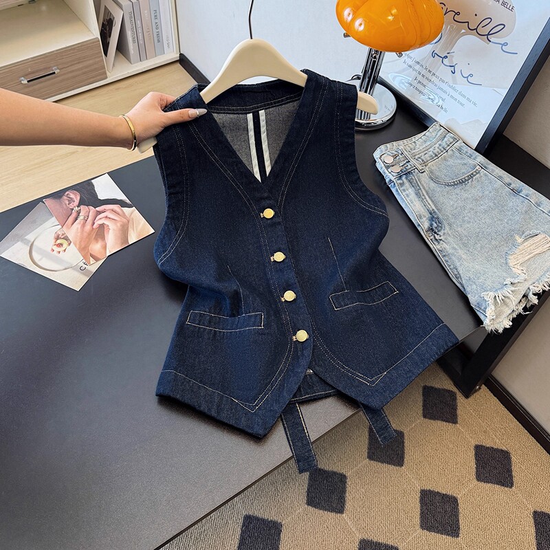 Recommended Bestseller~ Denim Color V-Neck Denim Vest for Women, Spring and Autumn, Petite Size, Sleeveless Waistcoat Top