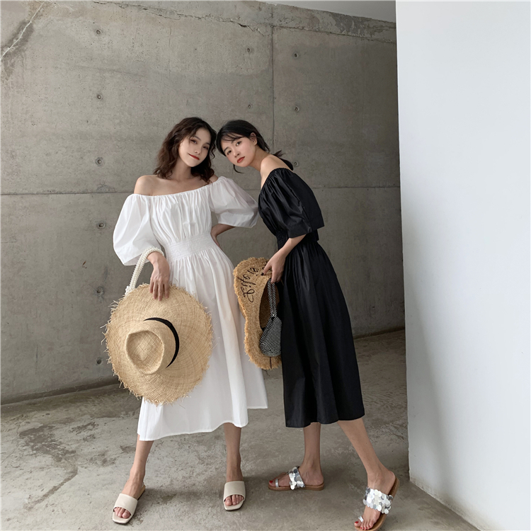 VK旗艦店 韓國風一字領時尚簡約短袖洋裝