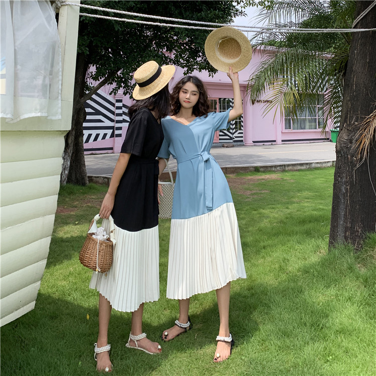 VK旗艦店 韓國風時尚百搭顯瘦拼接桔梗裙短袖洋裝
