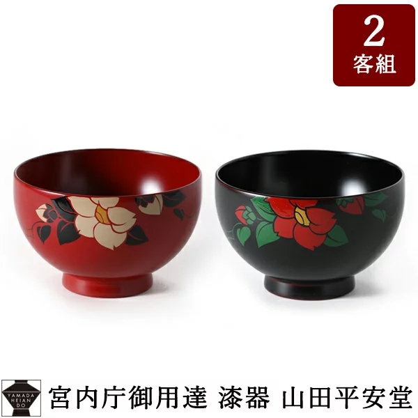 日本代购漆器山田平安堂日式和风手描夫妻碗红白椿天然木结婚贺礼