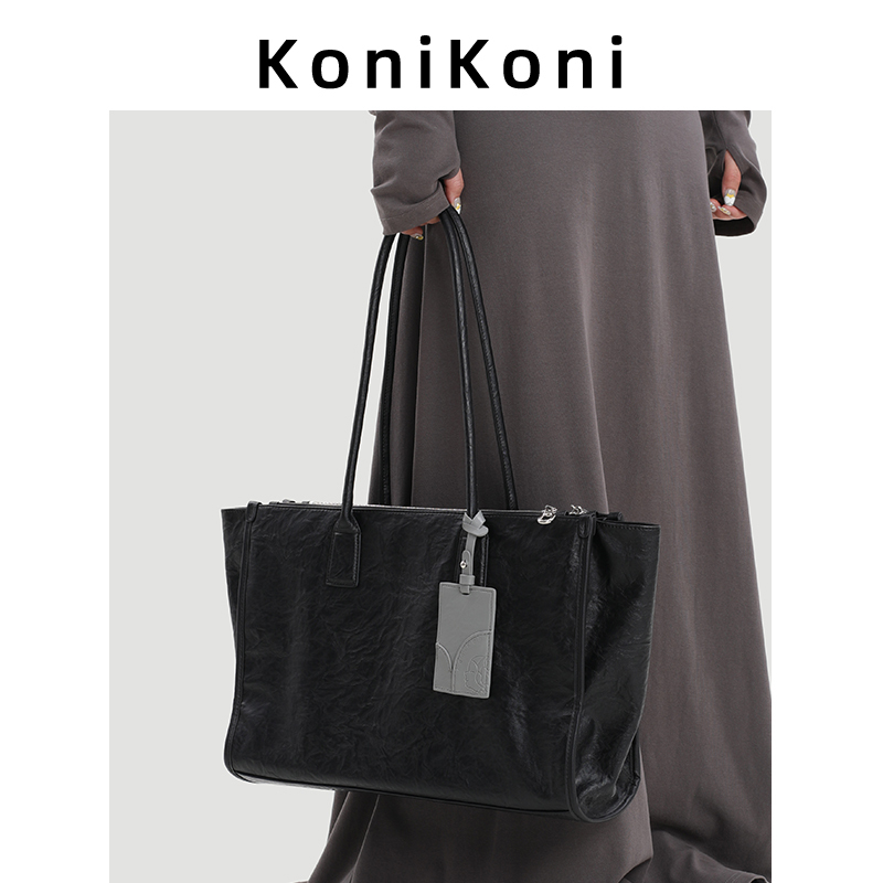 Konikoni Genuine Leather Niche Black Large-Capacity Tote Bag for Women 2026 New Commuter Shoulder Bag Underarm Large Bag