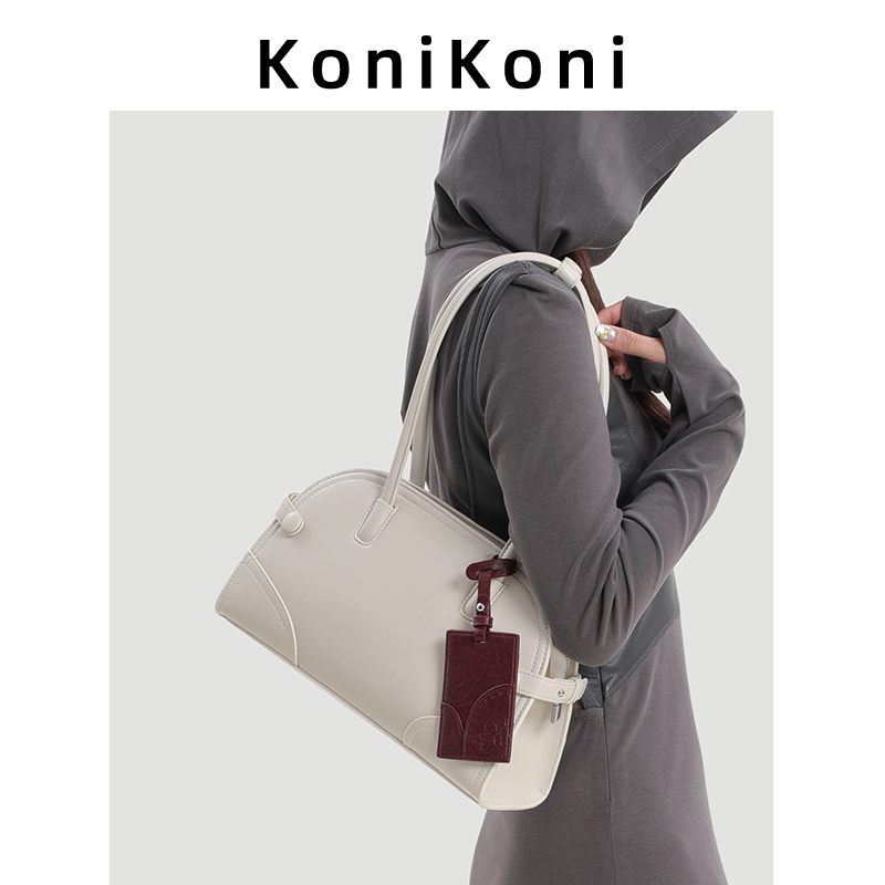 Konikoni Genuine Leather Niche Boston Bowling Bag for Women 2026 New High-End Trendy Shoulder Underarm Bag