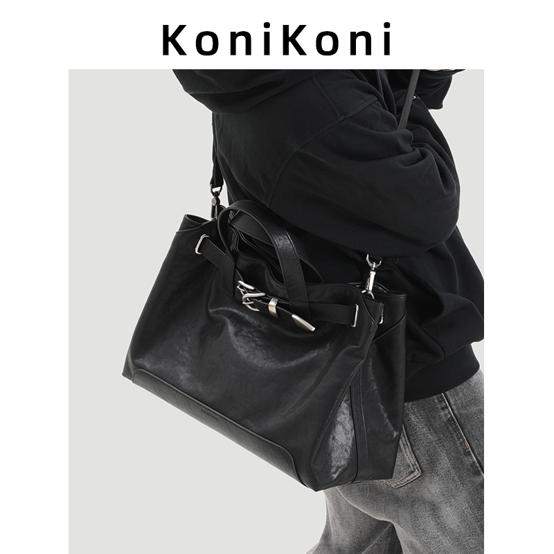 Konikoni Genuine Leather Black Men's Crossbody Bag 2026 New Large-Capacity Commuter Tote Bag Hand-Held Shoulder Bag