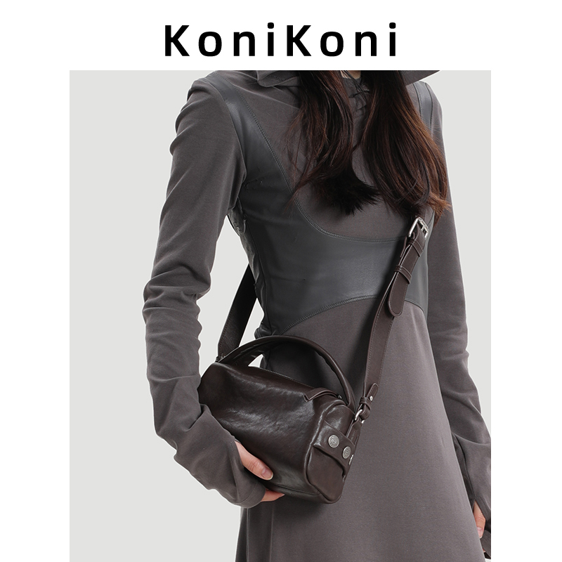 Konikoni Genuine Leather Boston Pillow Bag for Women 2026 New Versatile Handbag Super Popular Shoulder Crossbody Small Bag