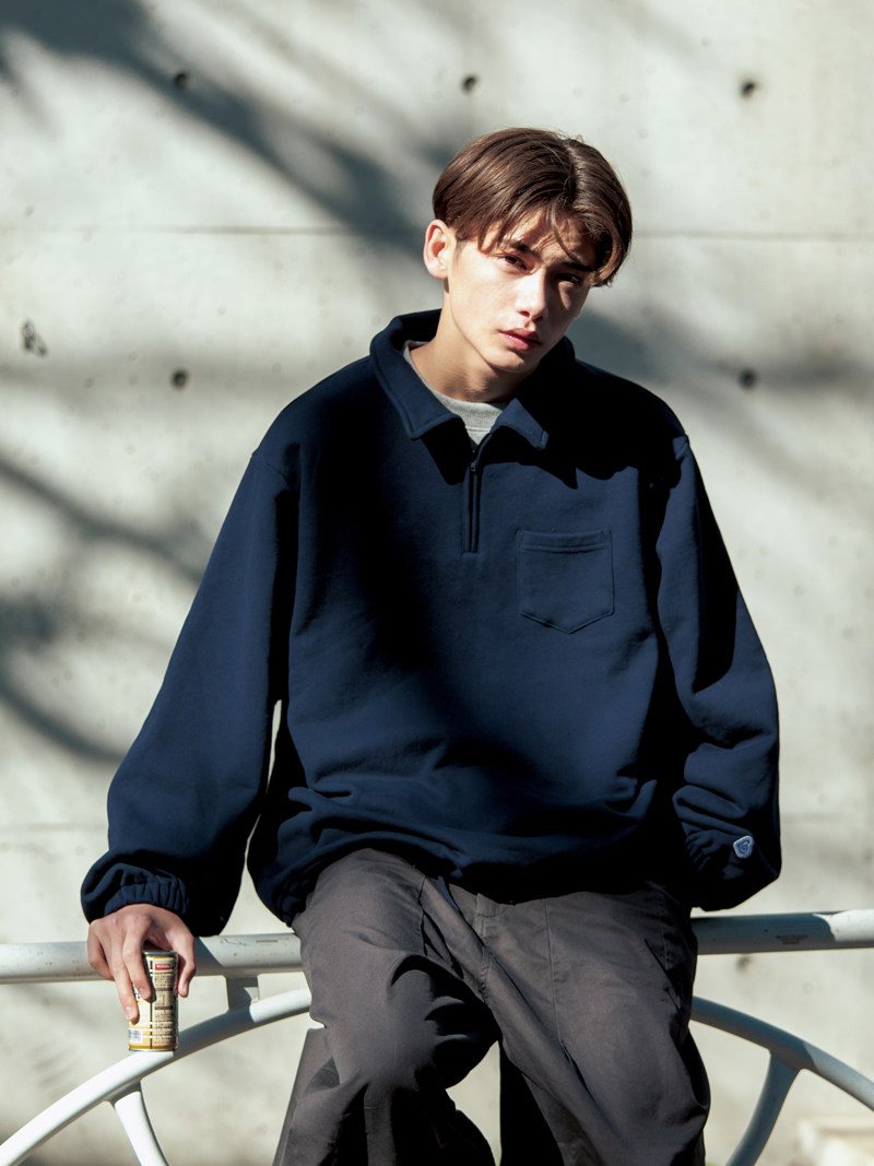 BENT IDEA solid color lapel half zipper thick cotton T male couple loose retro polo collar long sleeve top