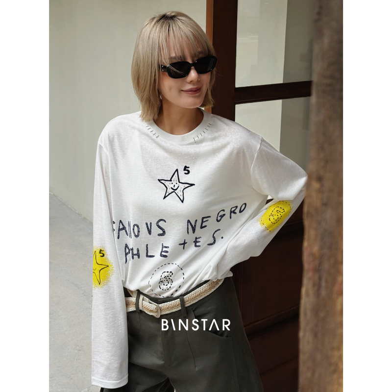 Han Binbin "Graffiti T" Tencel Cotton Hand-Painted Star Smiley Face Print Rhinestone Design Long-Sleeve T-Shirt for Women 3981-1 Han Binbin "Graffiti T" Tencel Cotton Hand-Painted Star Smiley Face Print Rhinestone Design Long-Sleeve T-Shirt for Women 3981-1