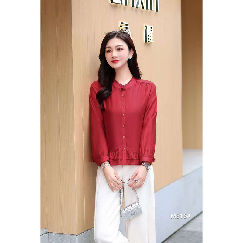 Mom's Spring and Autumn Thin Shirt, Elegant and Graceful Long-Sleeved Top, Breathable and Comfortable, Stylish Blouse for Middle-Aged and Elderly Moms