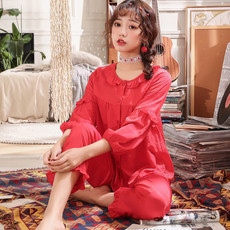 Пижама 春夏季天丝棉结婚睡衣女本命年大红色家居服开衫少女生两件套装 According to Nicole Cedar