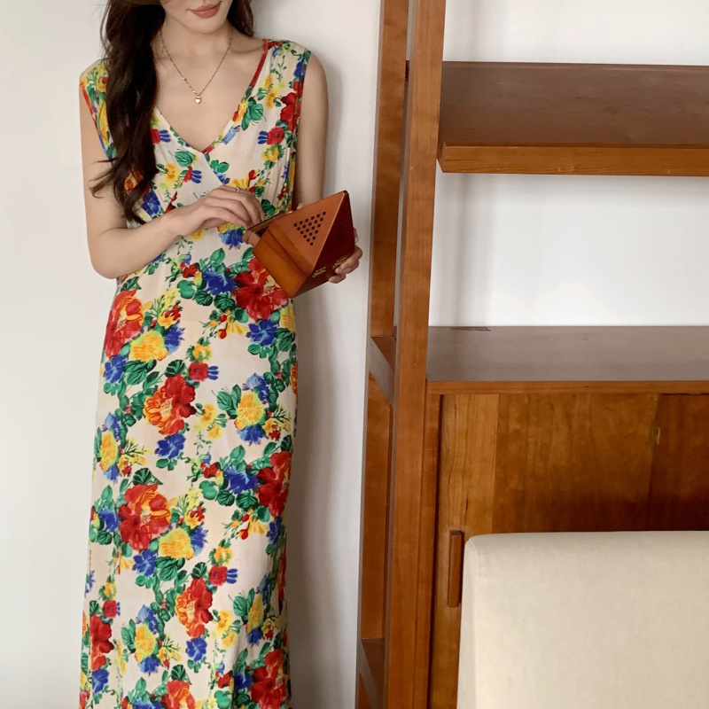 Cotton Silk Nightgown, French Retro Printed Sleeveless Dress, Women's Summer Artistic Holiday Dress, Sexy Tea Break Dress