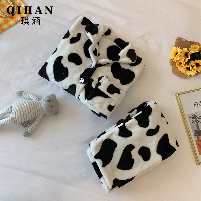 Double-sided coral fleece pajamas women's autumn and winter thickening and fleece cows 2021 net red popular home wear flannel