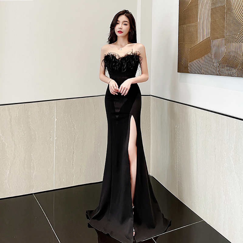 Sexy Backless Tube Top Dress, Model Stage Show Floor-Length Dress, Evening Dress, Slit Black Feather Dress