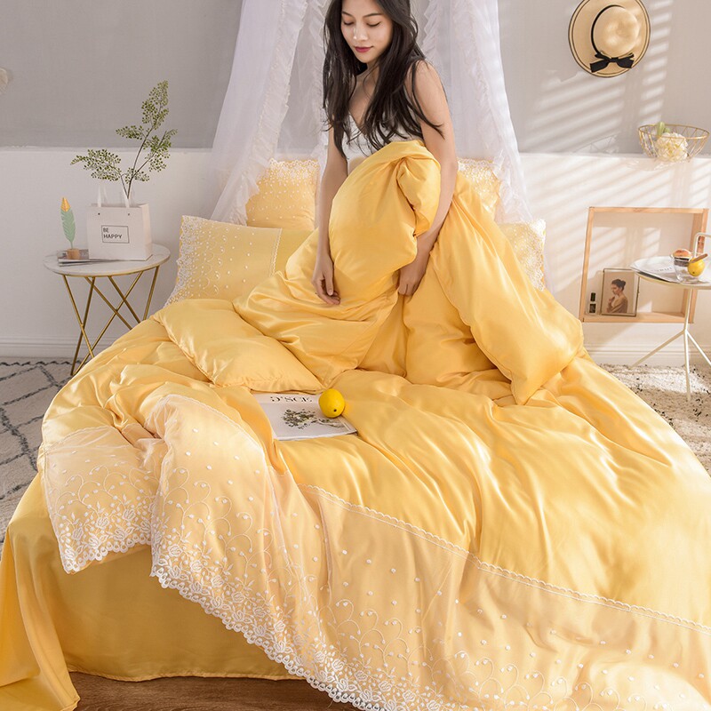Net red washed silk ice silk four-piece set silky duvet cover sheet summer princess style solid color lace three-piece set